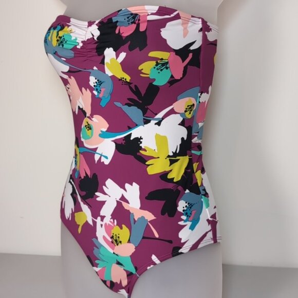 Cole Of California Floral Strapless Swimsuit Magenta Strappy Open Back One Piece - Picture 5 of 11